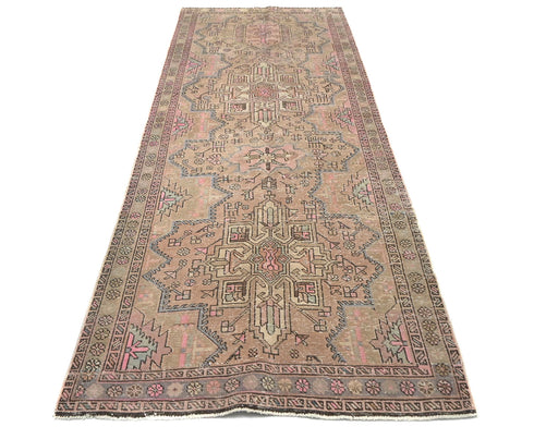 9 Ft Vintage Brown Persian Style Hand Knotted Low Pile Wool Runner Rug